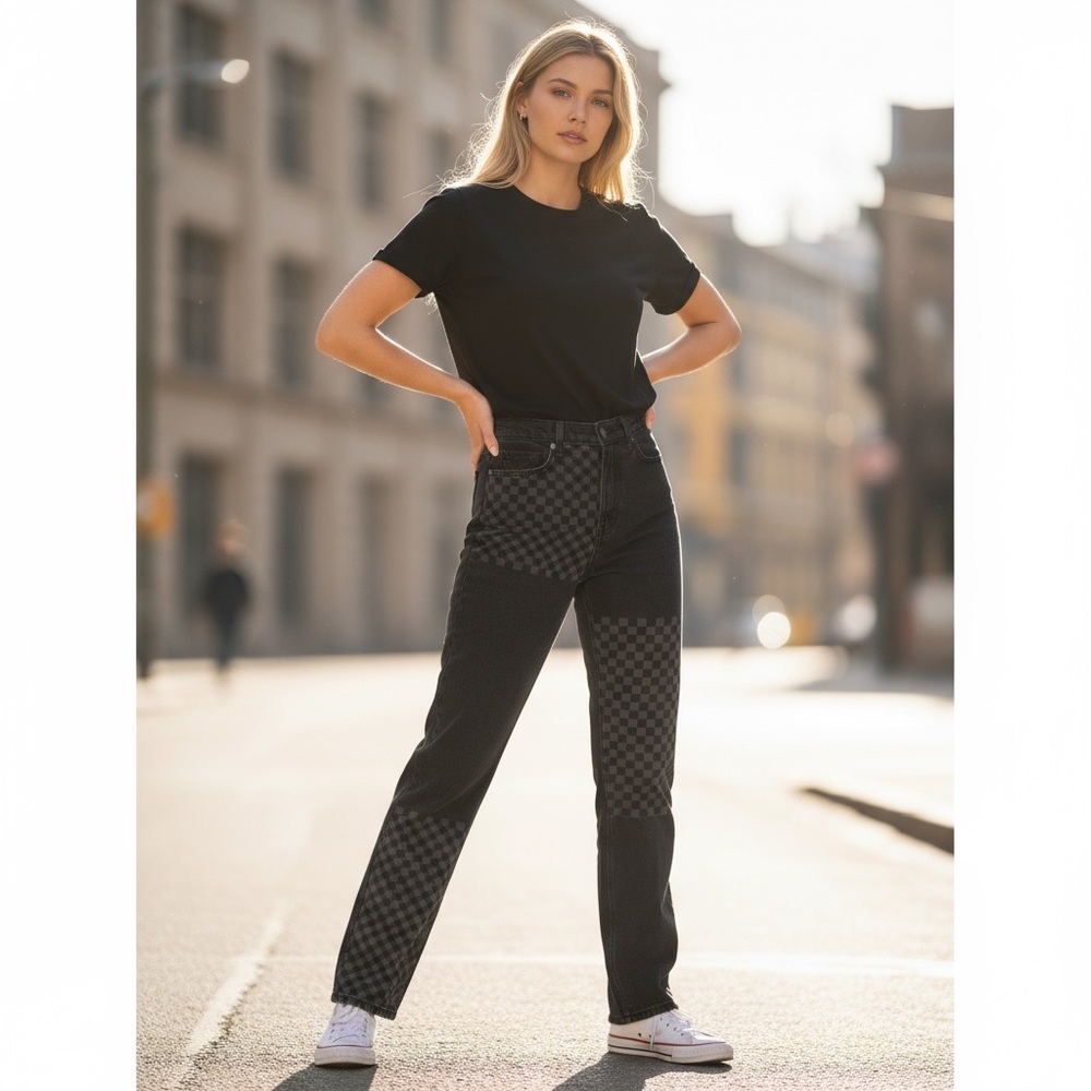Reformation Cynthia Shadow Checked High Rise Straight Long Jeans 25
